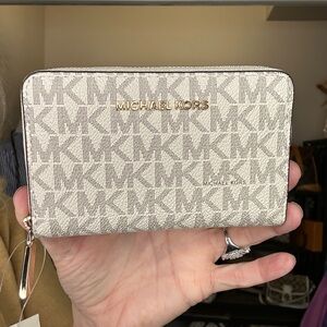 Michel Michael Kors Cream Signature MK Zip-Around Wallet with Gold Hardware